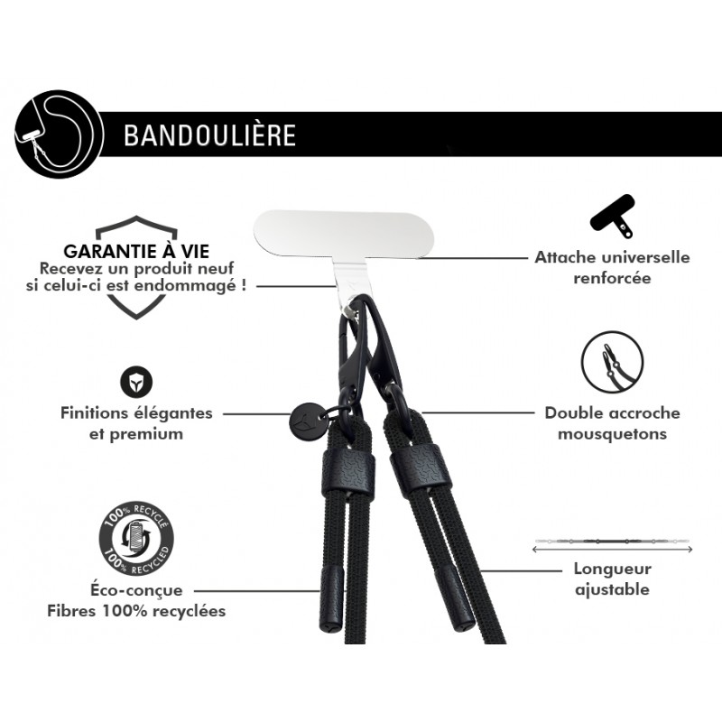 Image secondaire de Bandoulière téléphone Universelle Cordon Noire - Garantie à vie Force