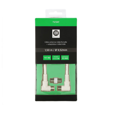 C ble Coaxial m le/femelle Fiches coud  90  des 2 c ts 1.50 m Blanc 9.52 mm