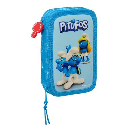 Plumier double Los Pitufos Bleu Bleu ciel 12.5 x 19.5 x 4 cm (28 Pièces)