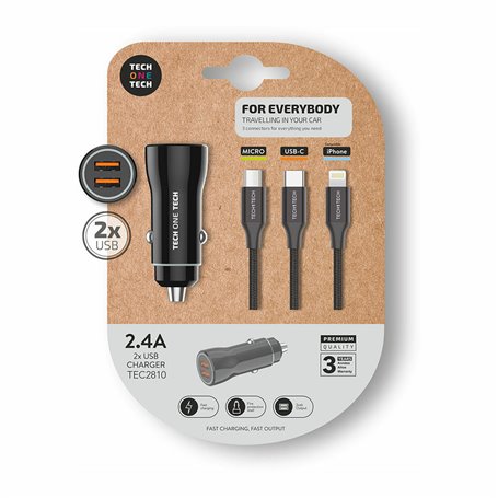 Chargeur de Voiture USB Universel + Câble Tech One Tech Double USB x 2 1