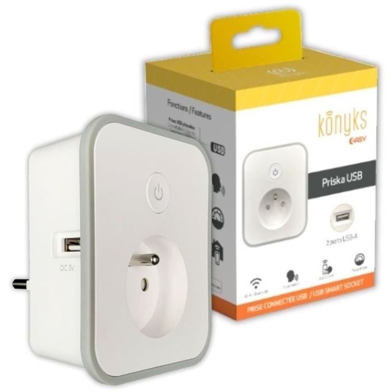 Prise connectée - KONYKS - Priska - USB FR - Wifi + Bt - 16 A avec 2 prises USB-A - Compteur conso - Compatible Alexa /