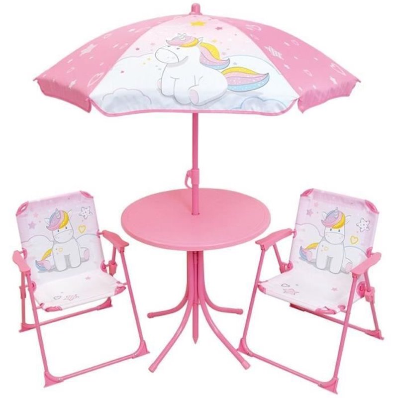 Mobilier de jardin - FUN HOUSE - Salon de jardin Licorne : Table H.46 x 46 cm, 2 chaises pliantes, parasol H.125 x100 c