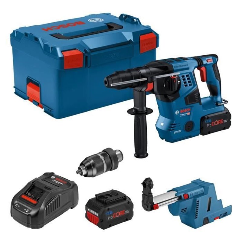 Perforateur Bosch Professional GBH 18V-28CF avec dispositif d'aspi GDE 18V-16, 2 batt ProCore 8,0Ah, Chargeur, en Lboxx