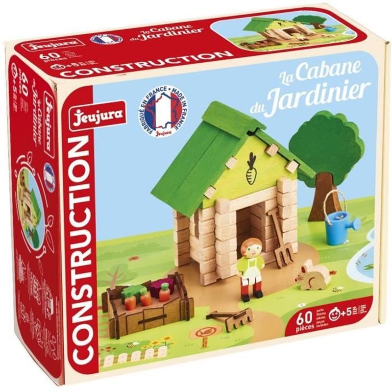 La Cabane du Jardinier 60 Pieces - JEUJURA - Jeu de Construction en Bois Naturel, Tapis et Accessoires Inclus, 22x18,5x8