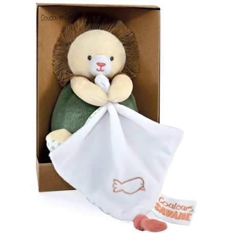 Peluche lion beige avec doudou mouchoir