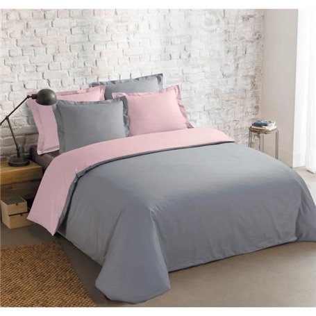 VISION - Bicolore - Housse de couette Réversible 240x220cm avec 2 taies 65x65cm - Gris/rose - 100% coton