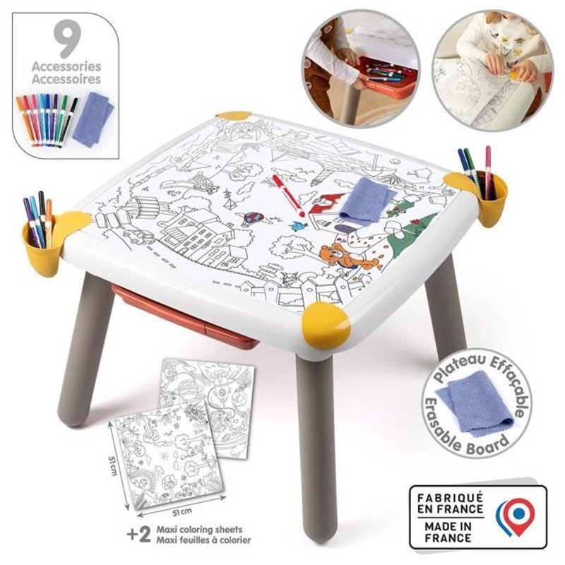 Smoby - Table enfant Créative - Feutre effacable pour la table + 2 grandes feuilles de coloriage - 3 rangements - Des 3