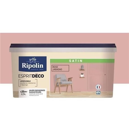 RIPOLIN Peinture Couleur Satin Ultra Couvrante pour Cuisine, Chambre, Salon, Salle, Entrée, Couloir - Rose