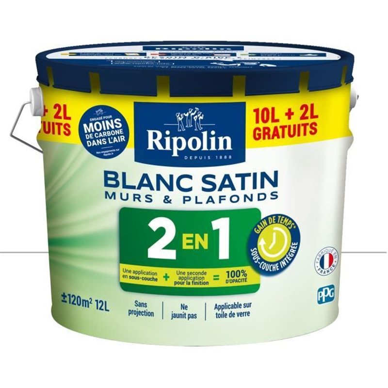 Image secondaire de Peinture Murs et Plafonds 2 en 1 Blanc Satin Ripolin 10L + 2L gratuits