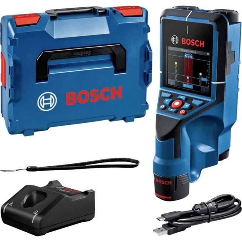 Détecteur mural Bosch Professional D-Tect 200 C avec 1 batterie 12V 2,0Ah, chargeur, câble USB-C, dragonne, en L-Boxx - 06010816