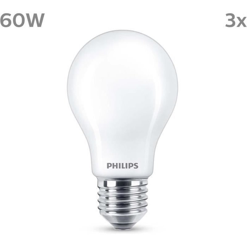 Ampoule LED - PHILIPS - Classic - 60 W - A60 E27 - Blanc chaud - Non dimmable x 3