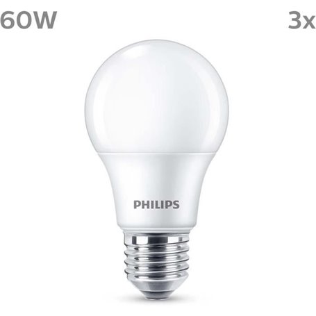 Ampoule LED - PHILIPS - 60 W - E27 - Blanc chaud - Dépolie - Non-Dimmable - 3 pieces