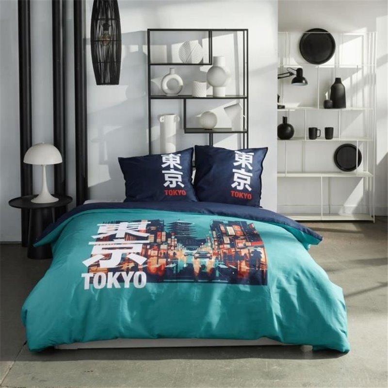 Parure de lit - TODAY - JAVA - 2 personnes - 240x220 cm - Coton - Imprimé Tokyo - Turquoise