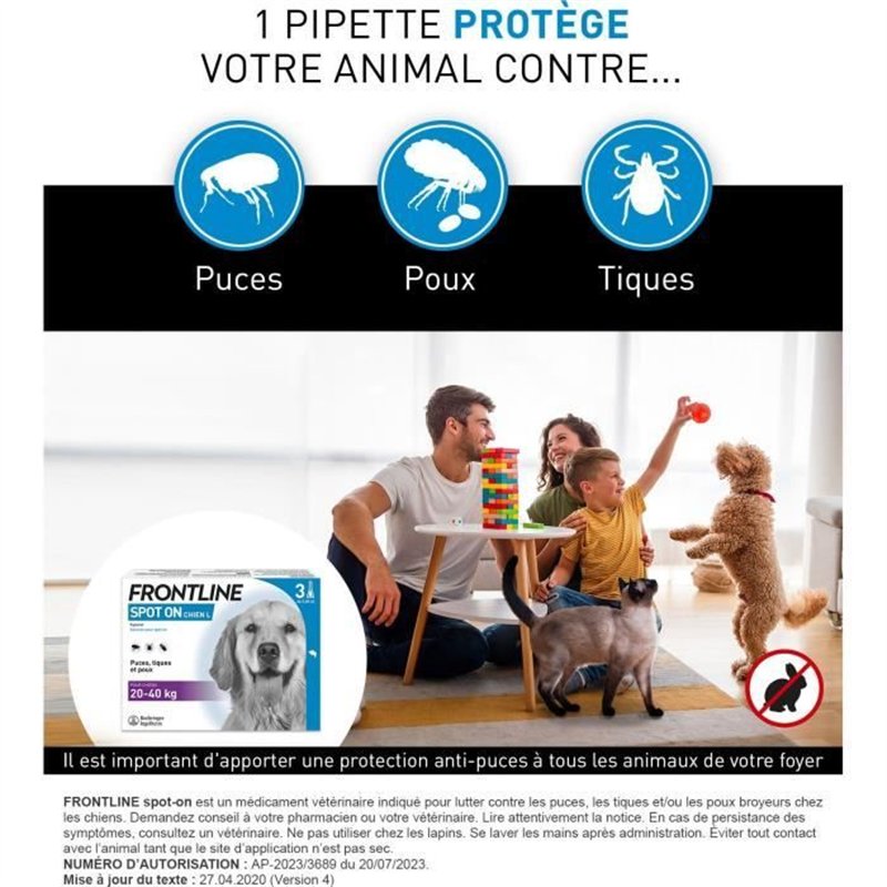 Image secondaire de FRONTLINE 3 Pipettes antiparasitaires SPOT ON Chien - 20-40 kg - Puces, tiques, poux