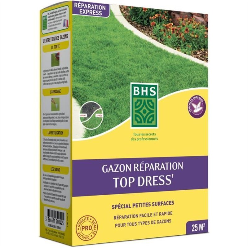 Gazon Réparation Top Dress' - BHS - 500g | 20 m² | Semences enrobées pour une meilleure adhérence au sol.