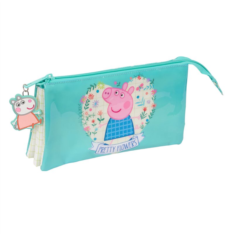 Trousse Fourre-Tout Triple Peppa Pig Pretty flowers Jaune Menthe 22 x 12 x 3 cm