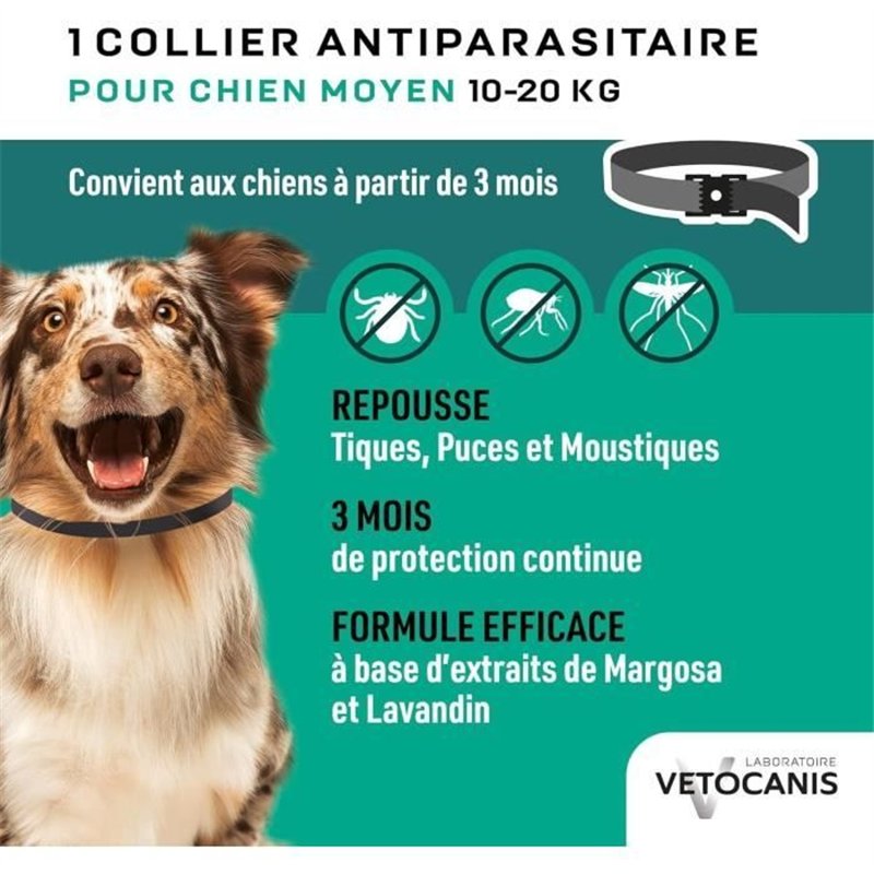 Image secondaire de Collier répulsif puces tiques et moustiques - VETOCANIS - Chien de 10 a 20 kg - Extraits Naturels Margosa et Lavandin (Lot de 2)
