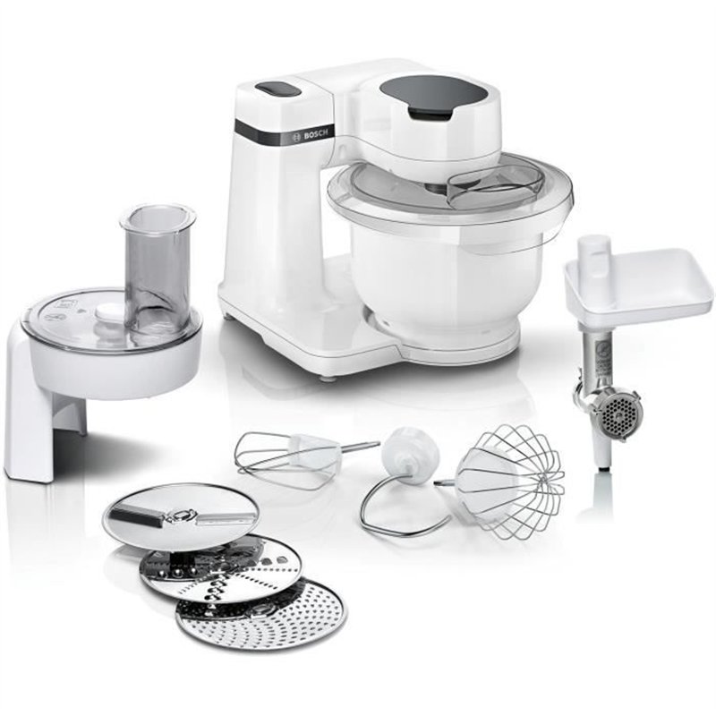 Robot pâtissier BOSCH Serie 2 MUMS2AW21- 700 W - 4 vitesses - 3,8 L - 3 disques - hachoir a viande - Blanc