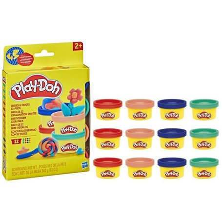 Play-Doh Pack de 12 L'imagination en fete, autocollants et pots de pâte a modeler de 28 g, petits cadeaux, loisirs créatifs pour