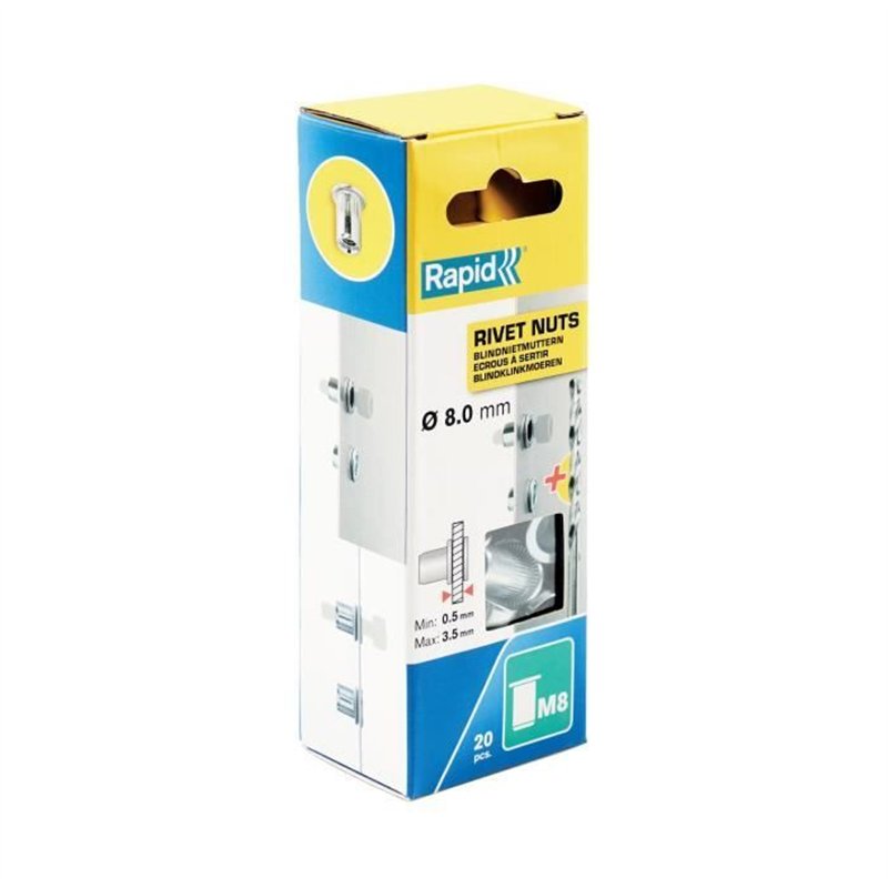 Ecrous a sertir pour vis Ø8mm - RAPID - M8 - Boite de 20 + foret