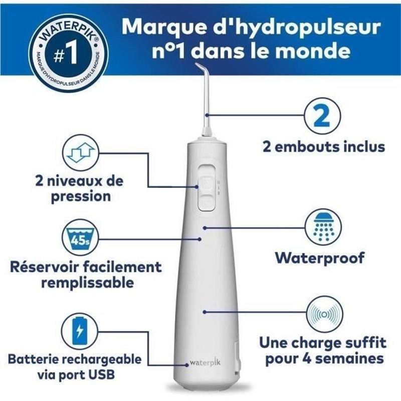 Image secondaire de Waterpik WF-20 Pulse, Hydropulseur Sans Fil, Recommandé par l'UFSBD, Jet dentaire Rechargeable, Elimine la Plaque, Blanc