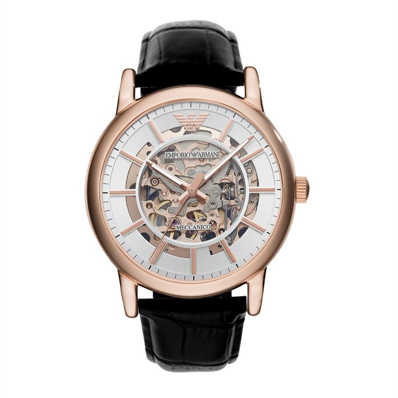 Emporio Armani Montre pour homme, mouvement automatique, boîtier en acier inoxydable or rose de 43 mm avec bracelet en cuir, AR6
