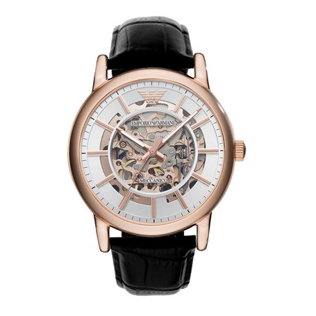 Emporio Armani Montre pour homme, mouvement automatique, boîtier en acier inoxydable or rose de 43 mm avec bracelet en cuir, AR6