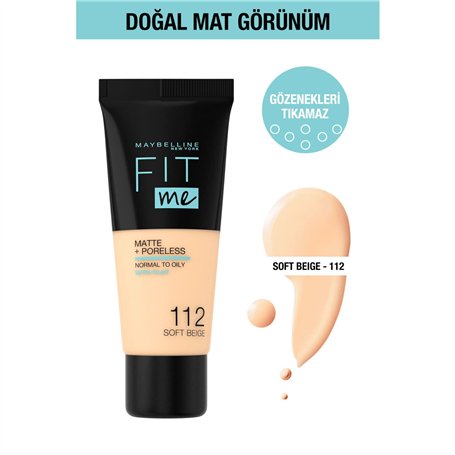 Maybelline New-York - Fond de teint Fluide Fit Me Matte & Poreless - Peaux normales à grasses - Teinte : 112 Soft Beige - 30 ml