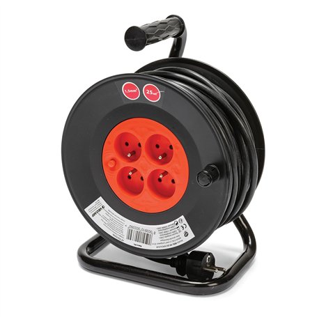 Velamp REEL-FR-25 Rallonge Prolongateur électrique 25 m avec enrouleur 4 Prises 16 A section 3G1,5 mm² + coupe-circuit. Noir et 