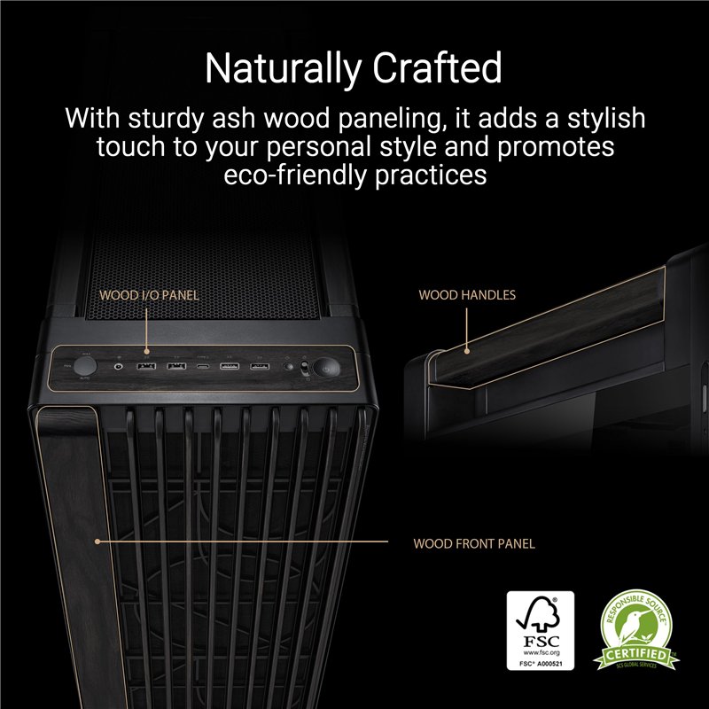 Image secondaire de ASUS ProArt PA602 Wood Edition Paneau en Verre trempé – Boîtier PC E-ATX (Support de radiateur de 420 mm, Un Ventilateur système