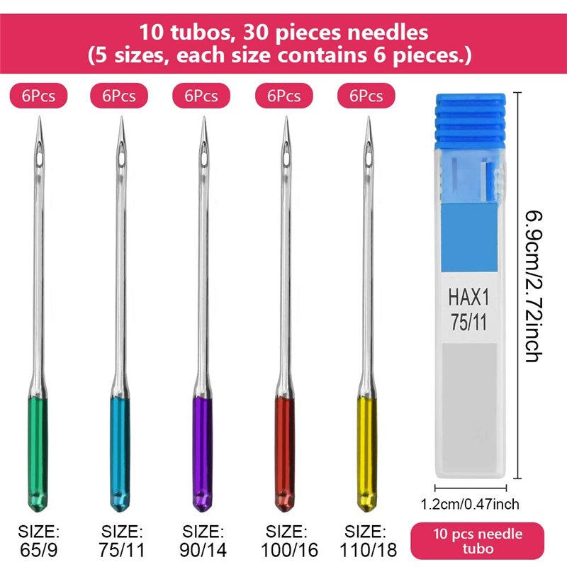 Image secondaire de AFASOES 30 pcs Aiguilles Machine a Coudre 9/11/14/16/18 Aiguille a Coudre Aiguille universelle Machine a Coudre pour Cuir Jeans 