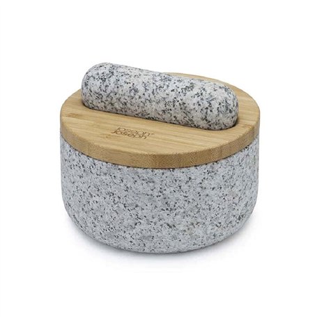Joseph Joseph Dash Pilon et Mortier Cusine en Pierre, Granit naturel avec couvercle en bambou, outil de broyage pour moudre les