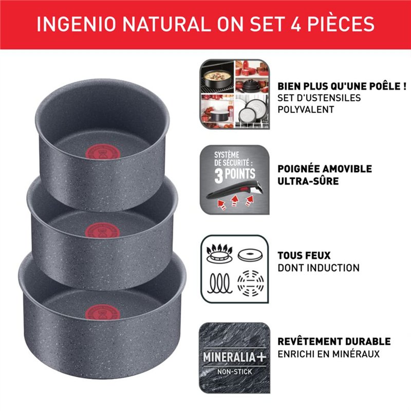 Image secondaire de Tefal Ingenio Lot de 3 casseroles 16/18/20 cm + poignée amovible, Induction, Revêtement antiadhésif, Empilable, Compatible lave-