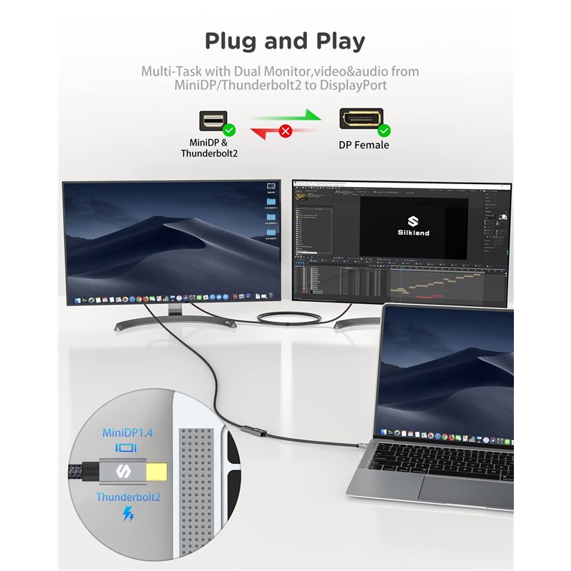 Image secondaire de Silkland Adaptateur Mini DP 1.4 Vers DP 8K@60Hz 4K@144Hz, Thunderbolt 2 Nylon Avec HDR HBR3 G-Sync FreeSync, Mini DisplayPort Ve