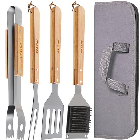 Praknu Ensemble d'ustensiles de Barbecue Essentiels en Acier INOX et Bois - 4 pièces - Résistant à la Chaleur et antirouille - a