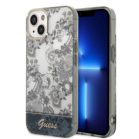 Guess Coque Rigide pour iPhone 14 Plus 6,7" G - Grise, Toile De Jouy, Waterproof et Isolant Thermique