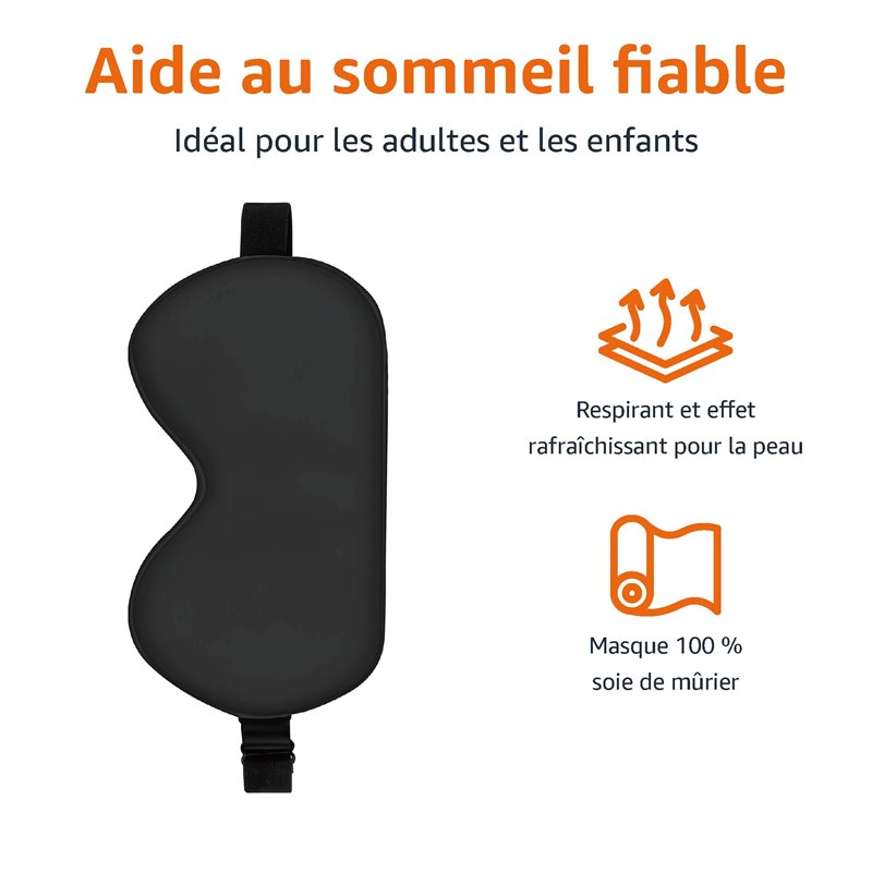 Image secondaire de Amazon Basics Masque de sommeil incurvé en véritable soie naturelle de mûrier avec sangle réglable, noir