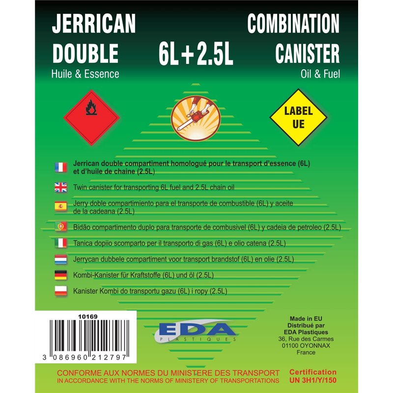 Image secondaire de EDA - Jerrican Double Compartiment - 6 L pour Essence + 2,5 L pour Huile - avec Bec Verseur Rigide - Homologué Carburant - 31,8