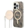 Guess Bundle Pack MagSafe 4G Coque iPhone 14 Pro + MagSafe Chargeur, Marron/Or