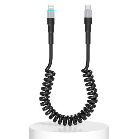 Cable USB C vers Lightning Spirale, Compatible Apple Carplay et certifié MFi, Câble Lightning USB C de voiture avec transmission