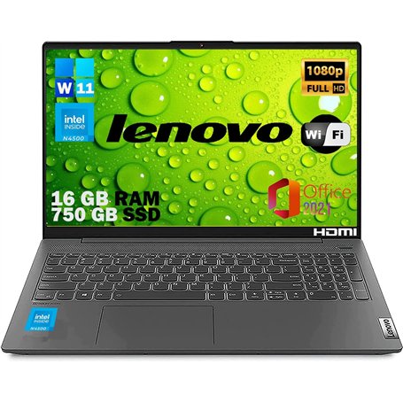 Lenovo, Ordinateur Portable Prêt à l'Emploi, Écran FHD 15,6", CPU Intel N4500, RAM 16 Go, SSD M2 750 Go, Windows 11 Pro, Ordinat