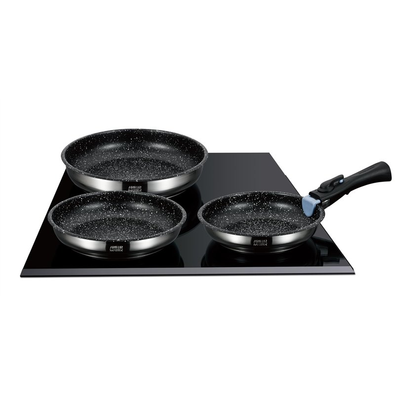 Image secondaire de Arthur Martin AM9728 Set de 3 poêles avec revêtement antiadhérent Acier Inoxydable Poignée amovible Tous feux dont induction