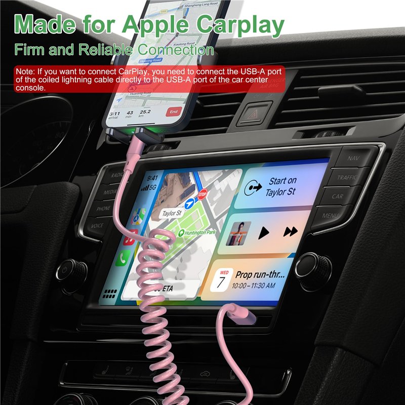 Image secondaire de Câble Lighning iPhone Spirale Aple Carplay Cable [Certifié Aple MFi] Câble iPhone Voiture Carplay Court avec Synchronisation de 