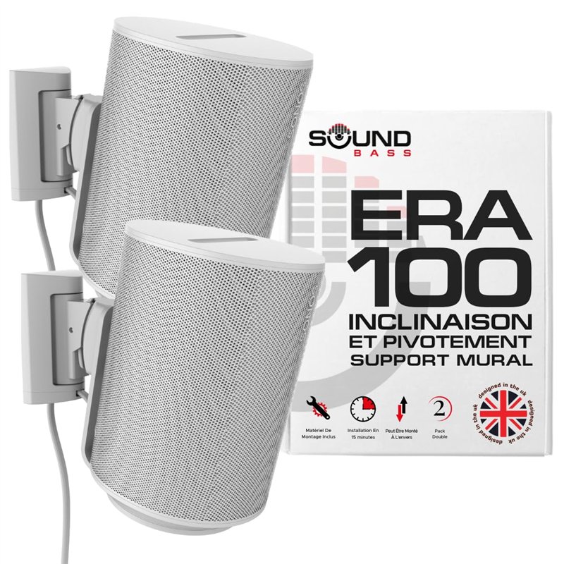 Sound bass ERA100 Lot de 2 Supports de Montage Mural, inclinables et pivotants, Blanc, Double (2 pièces), Compatible avec Sonos 