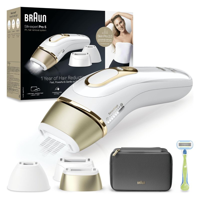 Braun IPL Silk-Expert Pro 5 Épilation à la Maison Blanc/Or, Alternative à l'épilation laser, avec étui, Système de Rasage Vénus,