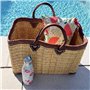 Panier Tressé Cabas de Plage Rectangulaire et Évasé en Jonc Naturel avec Finitions et Poignées en Cuir
