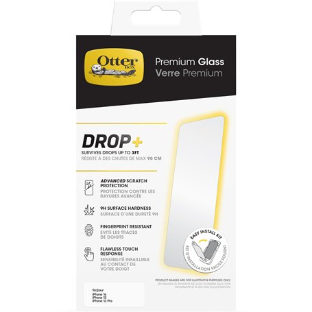 Protecteur d'écran OtterBox Premium Glass pour iPhone 16e, 14, 13, 13 Pro, Verre trempé, résiste aux chutes jusqu'à 0,9 m, prote