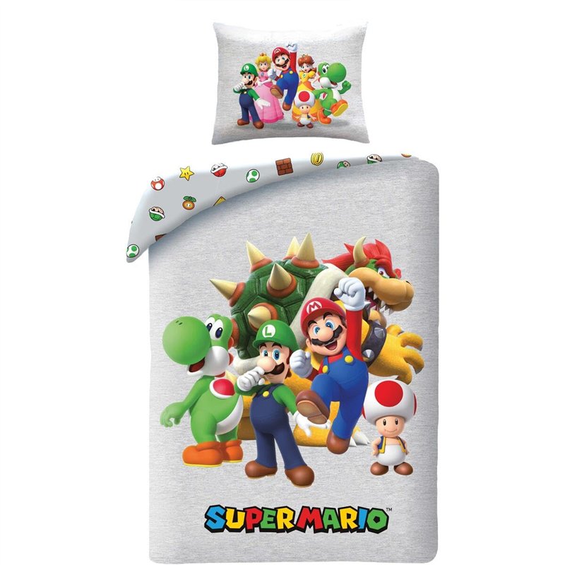 Parure de Lit Super Mario Réversible, Housse de Couette 140x200 cm et Taie d'oreiller, Polyester, avec Mario, Luigi, Toad, Peach