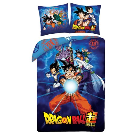 Halantex DRAGONBALL GOKU avec amis Beerus Junior Gohan Vegeta - Kamehameha - Parure de lit 140 x 200 cm avec taie d'oreiller 70 