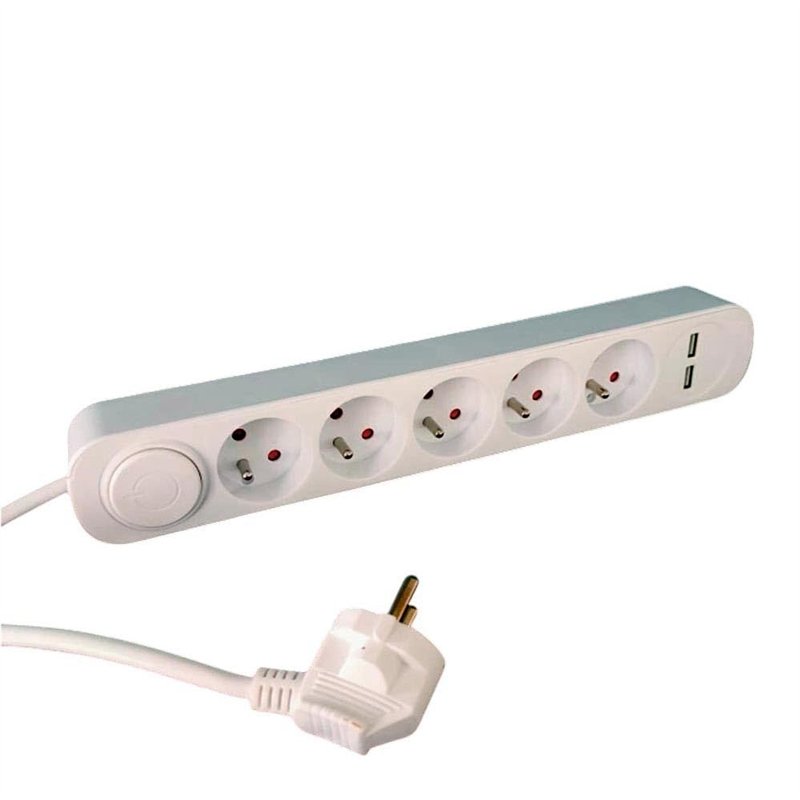 Bloc Multiprise 5 Prises 16A 230 V avec Interrupteur, 2 Ports USB, Câble de 1,5m